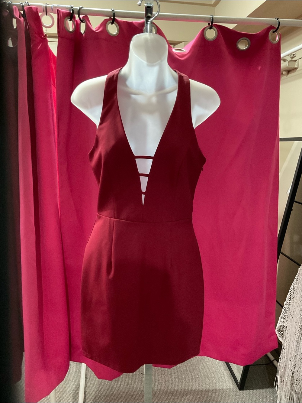 Minuet Petite Wine Red Plunge Mini Dress